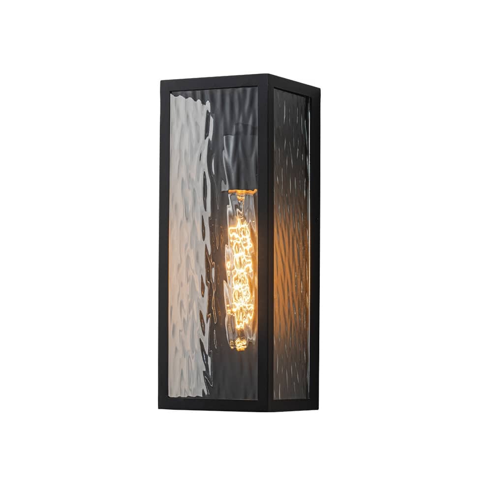H13" Modern Black Outdoor Wall Sconce with Water Ripple Glass and Dusk to Dawn Sensor Open Bottom Light Fixture for Garage Patio