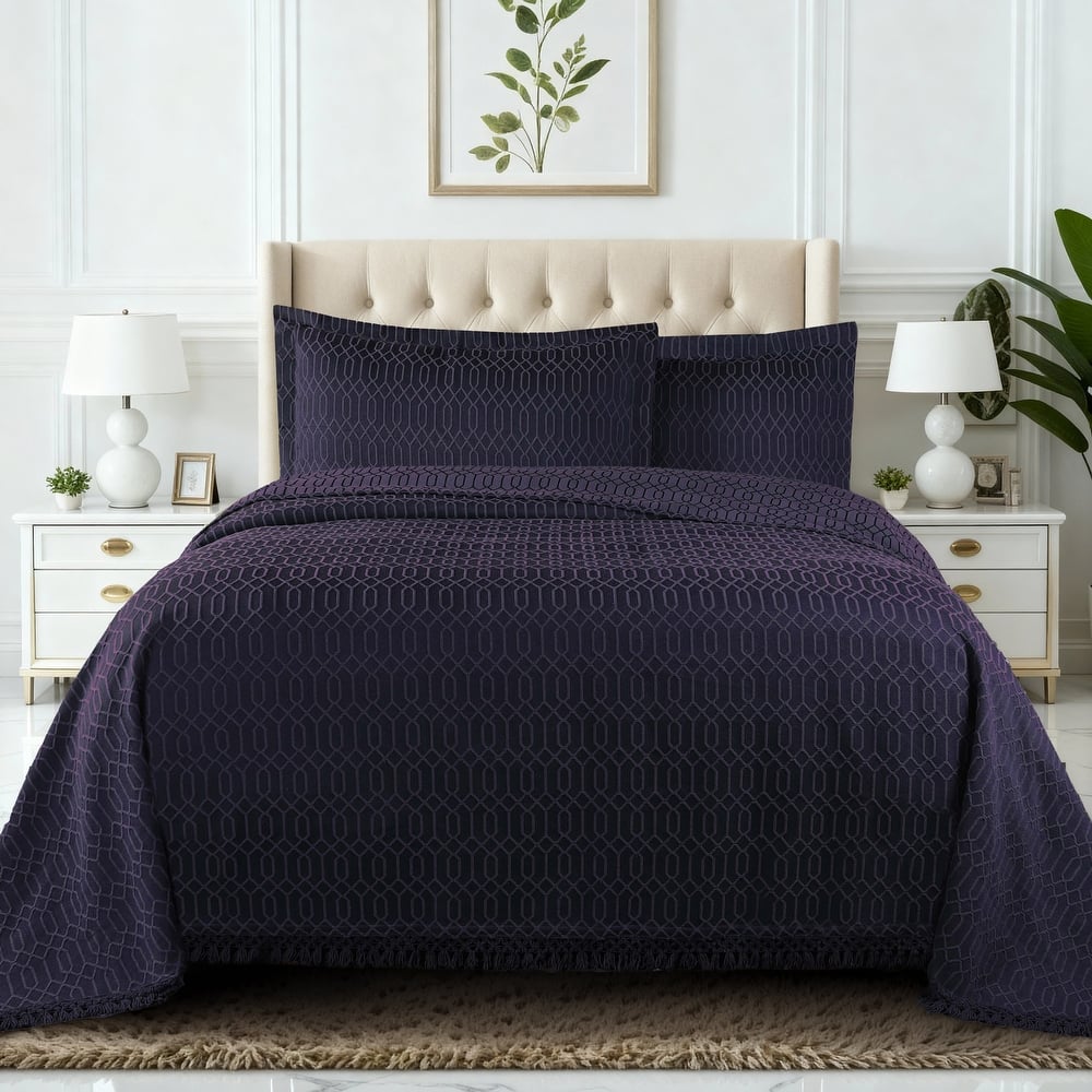 Blue Nile Mills Geometric Jacquard Cotton Blend 3-Piece Bedspread Set with Fringe