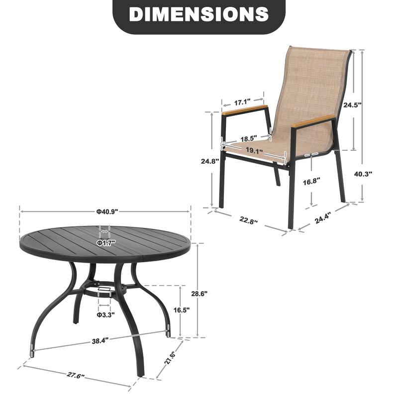 5-Piece Textilene Patio Dining Set with Umbrella Hole, Stackable Design