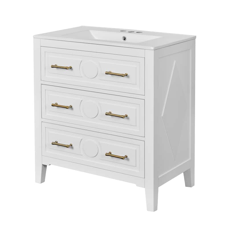 GDFStudio - Wimborne Retro Freestanding Bathroom Vanity with Ceramic Sink and 3 Storage Drawers - 30'W