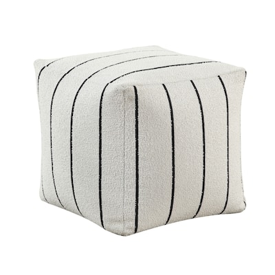 Modern Pouf Ottoman, White Black Striped Jacquard, 16 Inch Square