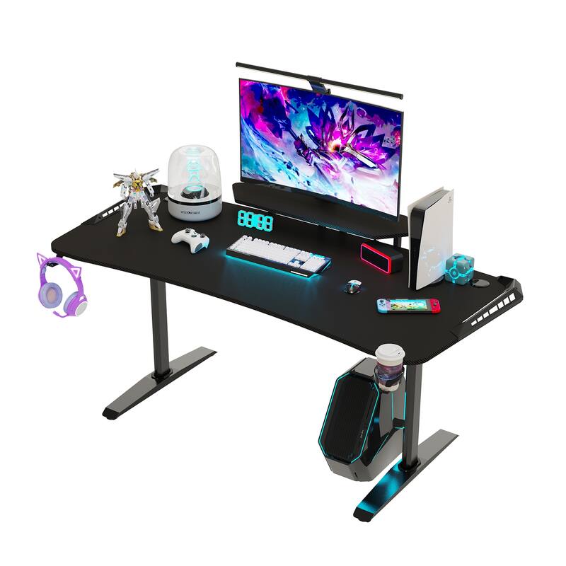 71" Gaming Table Office Computer Desk Gamer Workstation with Monitor Shelf LED Light Mouse Pad
