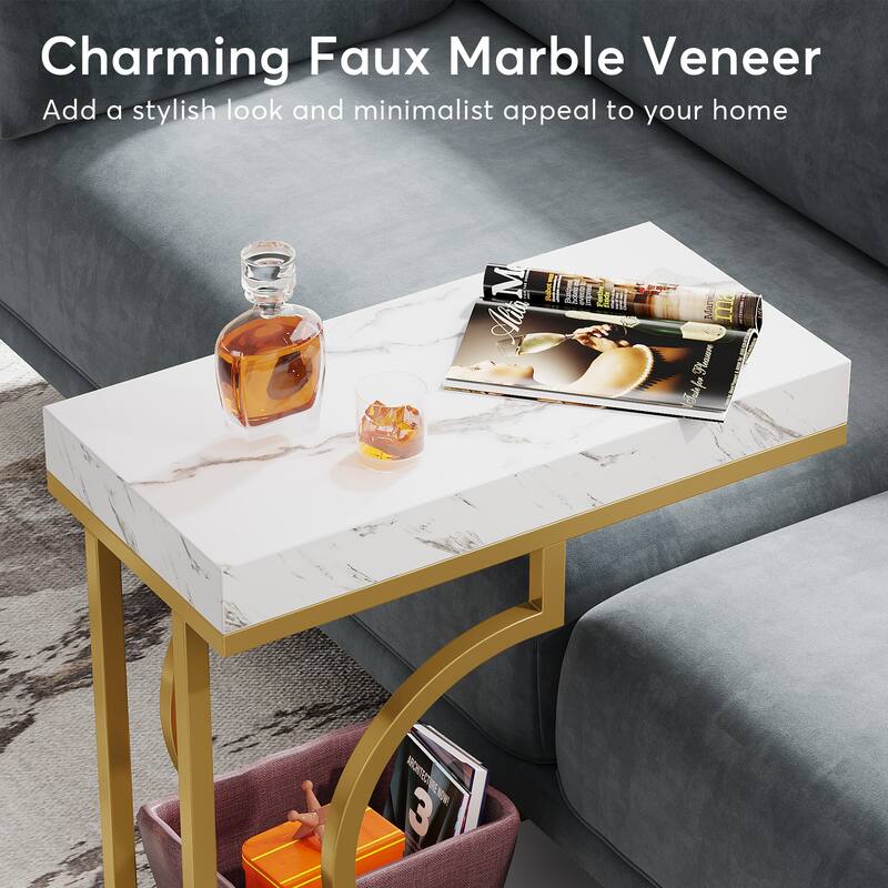 Narrow Side Table C Shaped End Table for Living Room