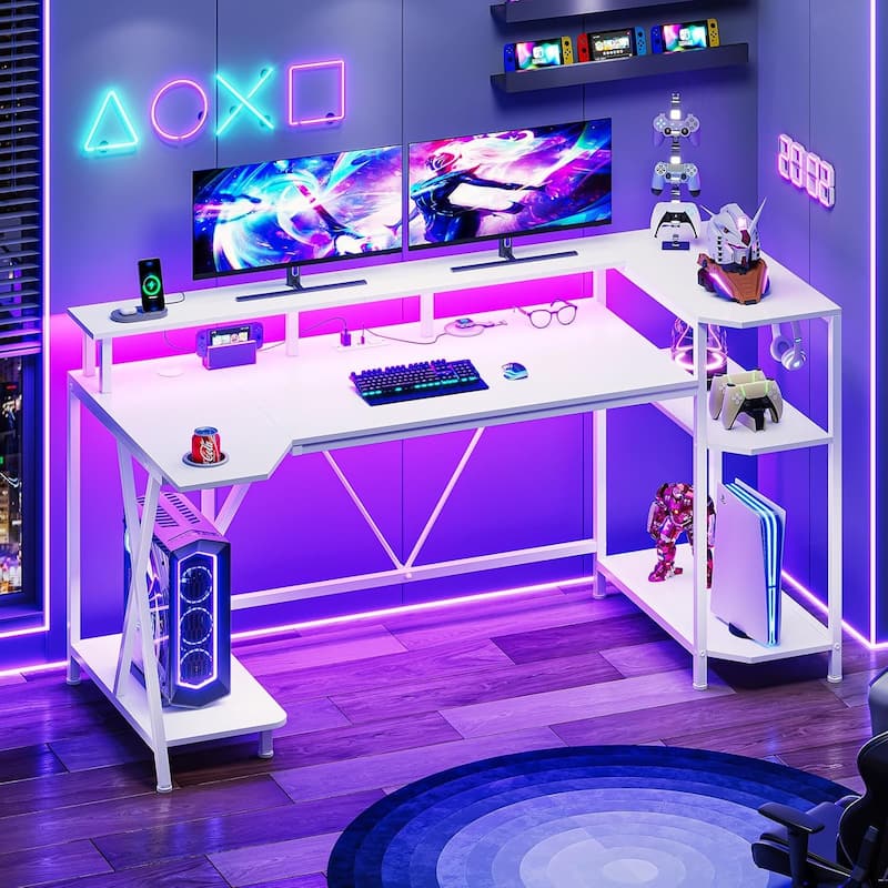 PC Gaming Desk Power Outlets Computer Desk LED Lights Storage Shelves - White - 55"
