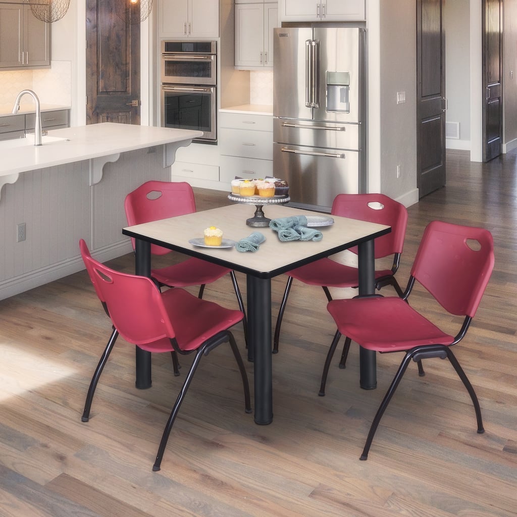 42 in. Square Breakroom Table- Maple/ Black & 4 'M' Stack Chairs- Burgundy