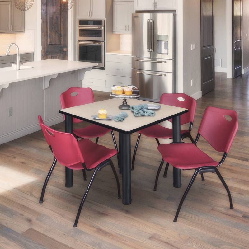 42 in. Square Breakroom Table- Maple/ Black & 4 'M' Stack Chairs- Burgundy