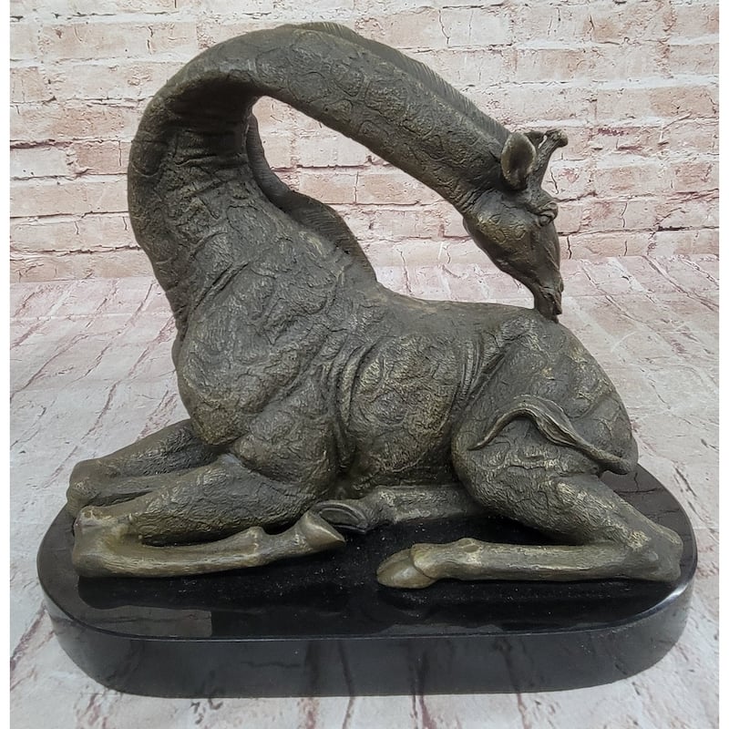 African Graceful Giraffe Sitting Bronze Sculpture Figurine Signed Marble Base