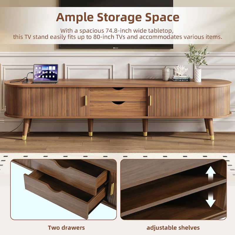 Wooden Oval Fluted TV Stand with Charging Station for TVs Up to 80"