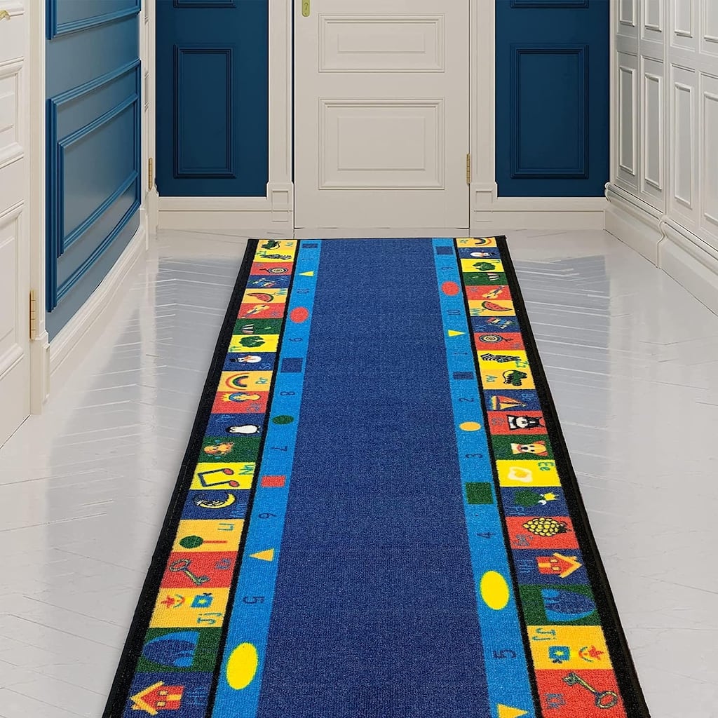 Custom Size Alphabet Border Design Blue Color Non-Slip Rubber Backing-26 Inch WidexYour Choice of Length Runner Rug