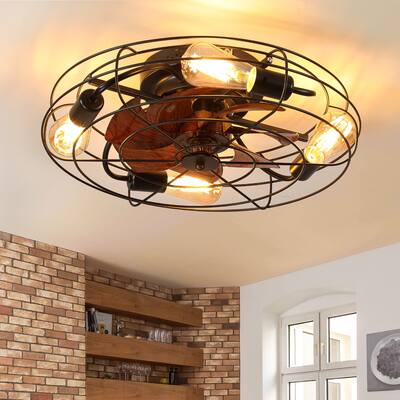 Industrial Black Round Flush Mount Ceiling Fans with Remote Control