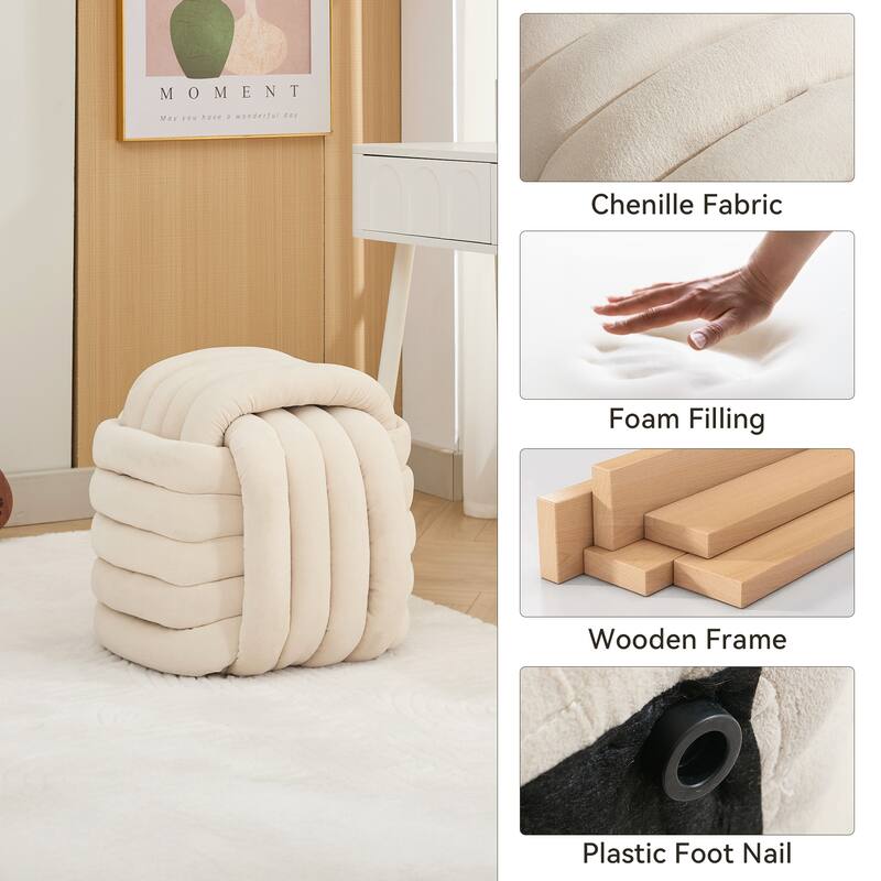 Chenille Fabric Ottoman Vanity Stool, Knot Design Ottoman Footstool, Multi-Functional Upholstered Makeup Stool