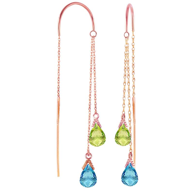 14K Solid Gold Threaded Dangle Earrings w/ Blue Topaz & Peridots - Rose