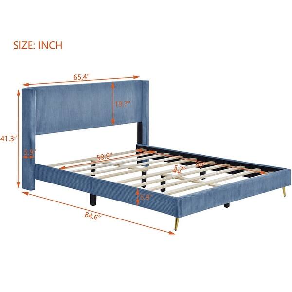 dimension image slide 3 of 4, Queen Size Corduroy Platform Bed with Tufted Headboard and Metal Legs