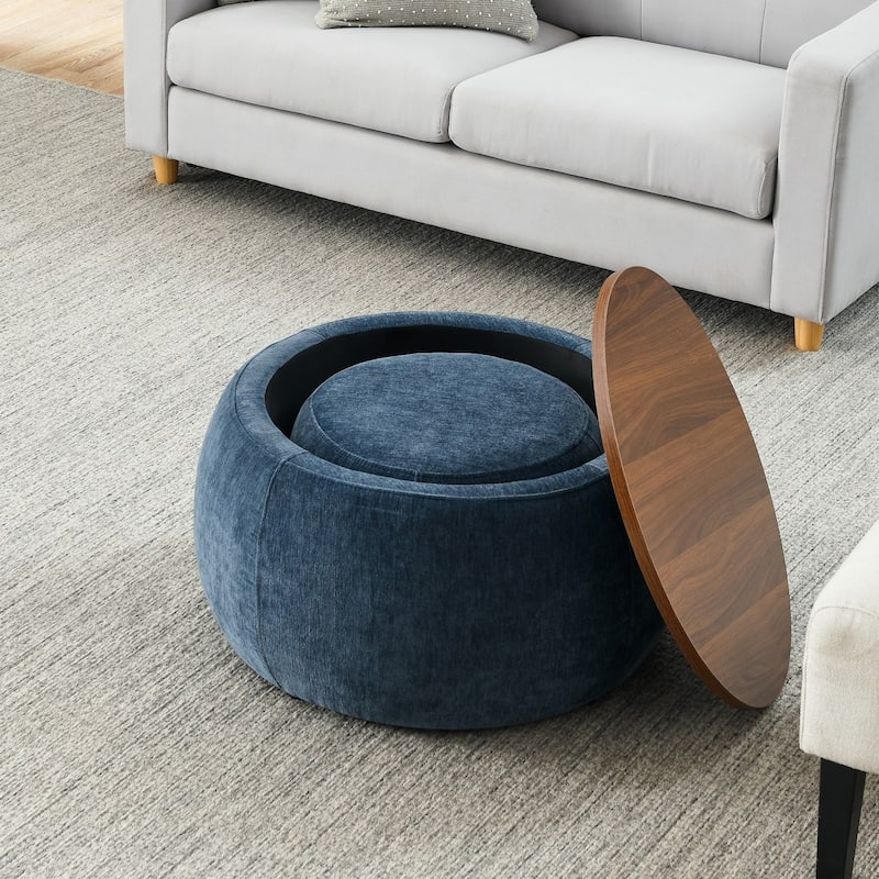Round Storage Ottoman, 2 in 1 Function, Work as End table and Ottoman,with small seat