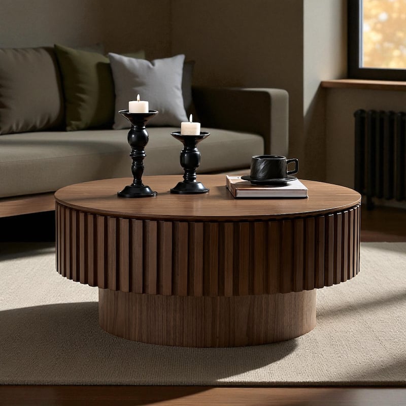 31.49'' Modern Round Coffee Table with Storage, Small Pedestal Coffee Table for Apartment or Living Room