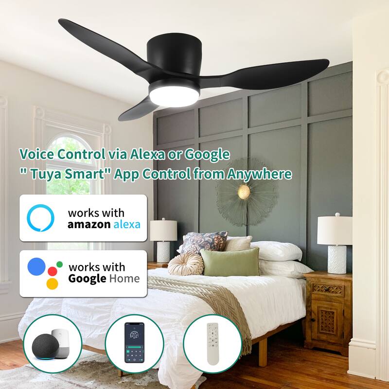 42" Flush Mount Ceiling Fan with Lights Remote, 3 Blades Smart Ceiling Fan - Matte Black