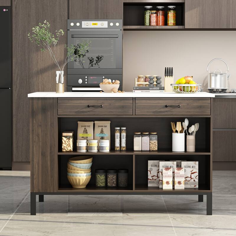55.1"W Buffet Kitchen Island Cabinet with Open Shelves Two Drawers