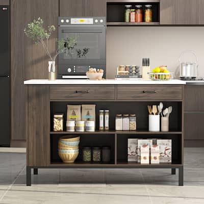 55.1"W Buffet Kitchen Island Cabinet with Open Shelves Two Drawers