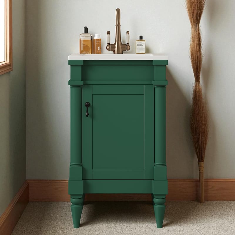 18" Small Bathroom Vanity with Sink, Modern Freestanding Storage Cabinet with Door and Shelf, Compact Single Sink - Green