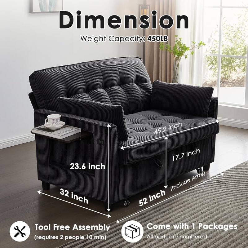 Sleeper Sofa Bed, 52" Convertible Pull Out Couch with Small Table,USB Port,Side Pockets,Corduroy Fabric,Adjustable Backrest