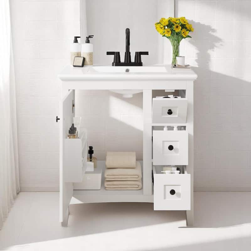 Modern 30 Inch Bathroom Vanity with Porcelain Countertop, 3 Drawers, Solid Wood and MDF Storage Cabinet