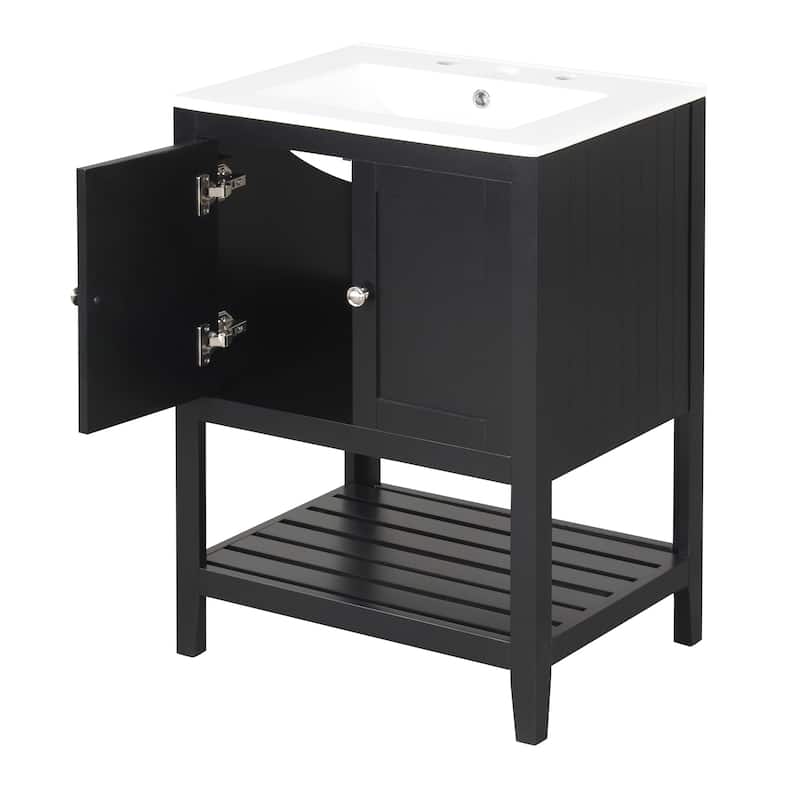 Roomfitters 24" Bathroom Vanity with Ceramic Sink Open Style Shelf Solid Wood Frame Modern Sleek Cabinet