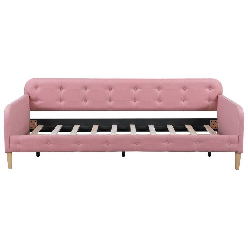Twin/Full/Queen Size Upholstered Daybed with 4 Support Legs, Linen Fabric Daybed Frame Sofa Bed with Button Tufted Design