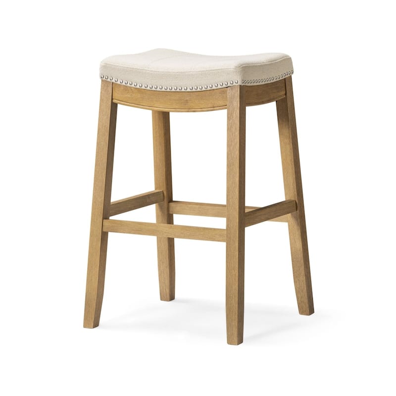 Maven Lane Sophia Saddle Kitchen Dining Stool - Aged Natural with Light Beige Upholstery - Bar Height