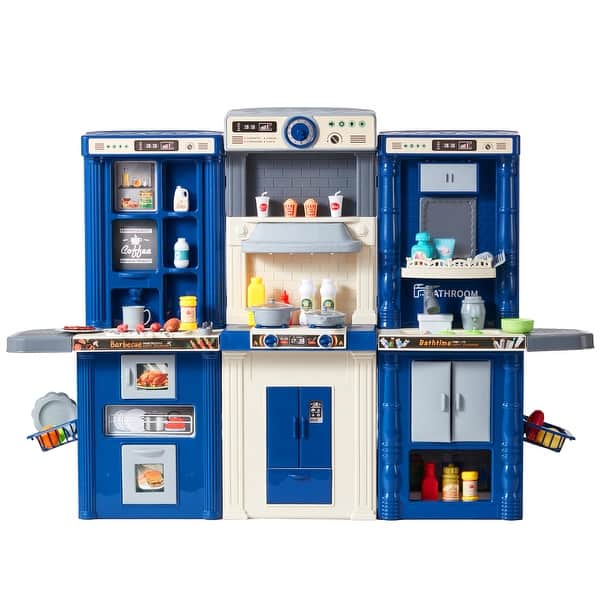 slide 2 of 14, Kids Kitchen Playset, 3-in-1 Toddler Kitchen with Simulated Spray, Sounds and Lights, Play Kitchen Set Blue
