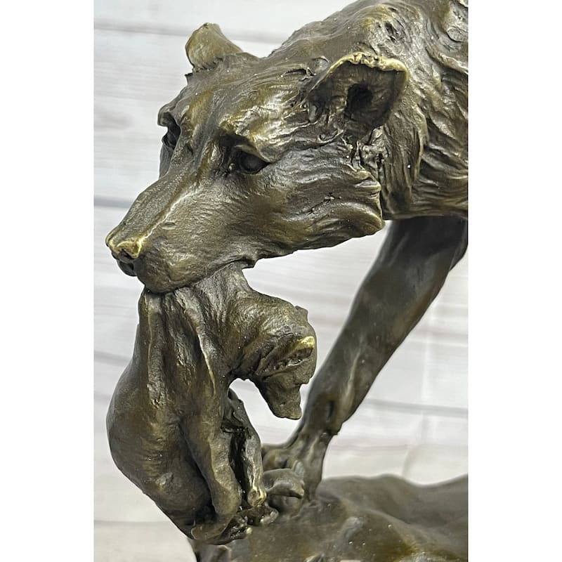 Wolf Carrying Cub Bronze Metal Statue Sculpture Marble Base 9 Inches X 11 Inches