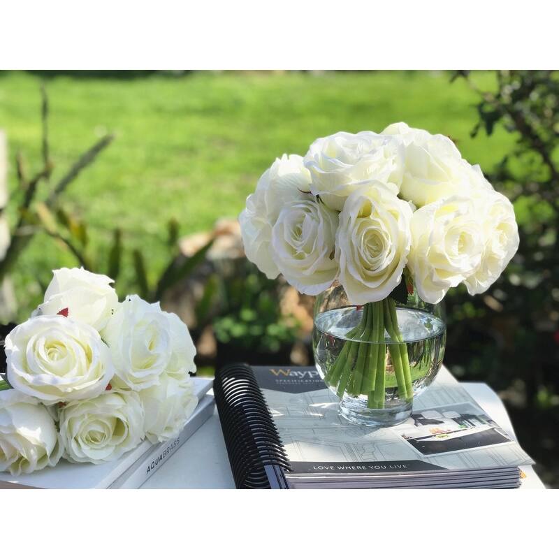 Enova Home Artificial Cream Fake Silk Open Roses Flowers Arrangement in Clear Glass Vase with Faux Water for Home Wedding Decor