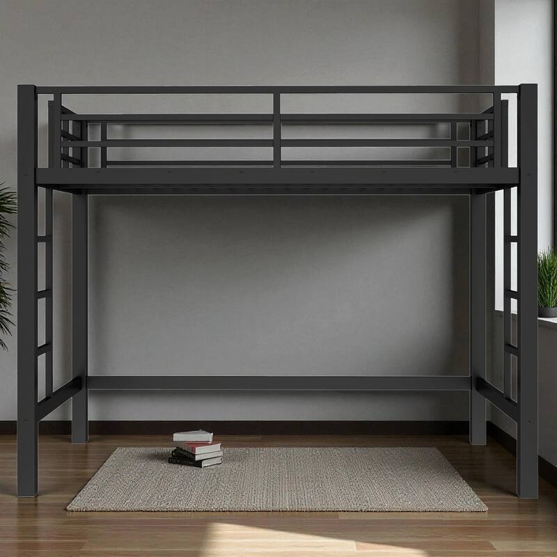 Twin/Twin XL/Full/Queen Size Metal Loft Bed with Guardrails and Dual Ladders, Space-Saving Loft Bed Frame for Bedroom or Dorm
