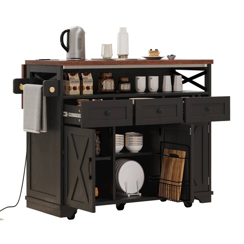 Roomfitters 46.5" Rolling Kitchen Island with Drop Leaf, Mobile Cart with 2 AC Outlets & USB, Beaded Drape & 3 Drawers