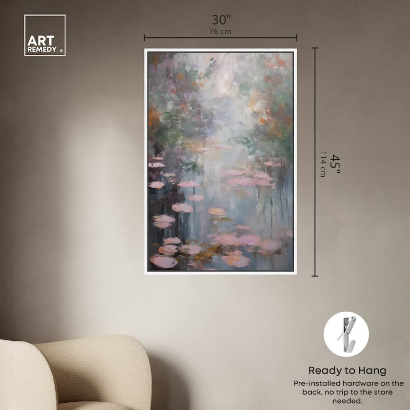Art Remedy Pink Impressionisty Lilypads Framed Impressionism 1 Piece Canvas Wall Art /Monet And Van Gogh Inspired Art