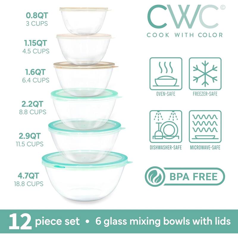 COOK WITH COLOR 12 Pc Glass Nesting Mixing Bowl Set with Lids for Cooking and Prep