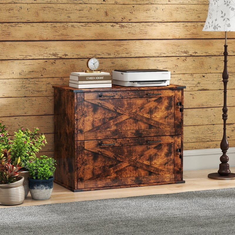 Barn Door Wooden 2 Drawers With Lock 25.79"H - Brown