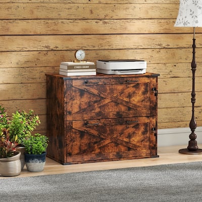 Barn Door Wooden 2 Drawers With Lock 25.79"H
