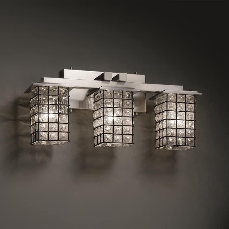 Justice Design Wire Glass Montana 3-light Brushed Nickel Bath Bar, Grid with Clear Bubbles Square - Flat Rim Shade - Brushed Nickel