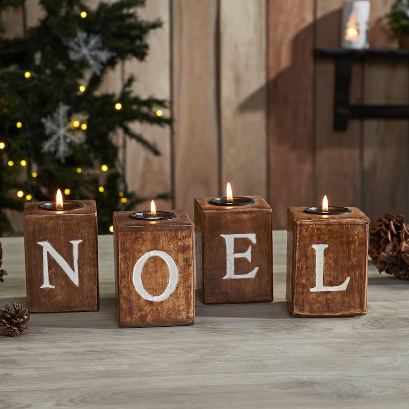 Tealight Holders NOEL Cube Set of 4 4x3x3 - Brown