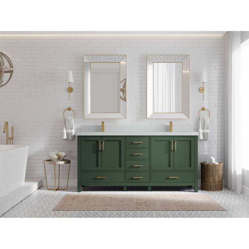 Willow Collection 72 in. W x 22 in. D Malibu Double Sink Bathroom Vanity with Countertop - 2" Carrara Quartz - Lafayette Green