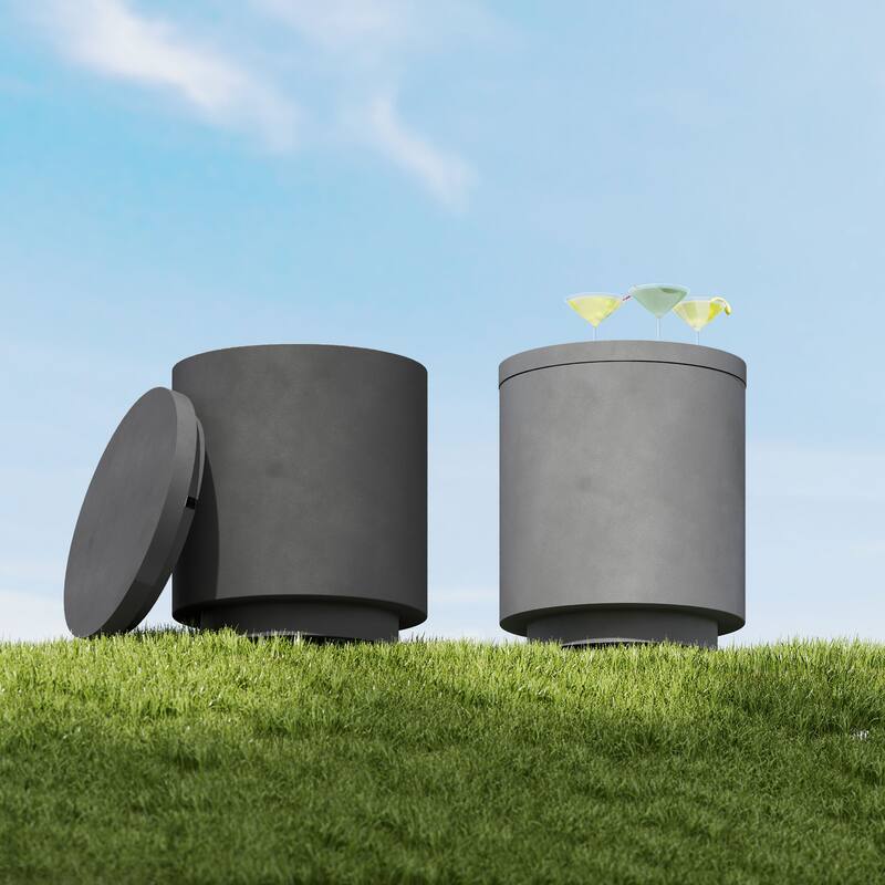 Charcoal Grey Concrete Outdoor Cooler Side Table with Removable Ice Bucket - 14.8" Dia. x 17.1" H