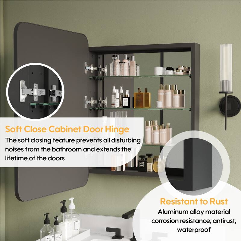 Recessed or Surface Wall Mount Bathroom Mirror Medicine Cabinet With Adjustable Glass Shelves