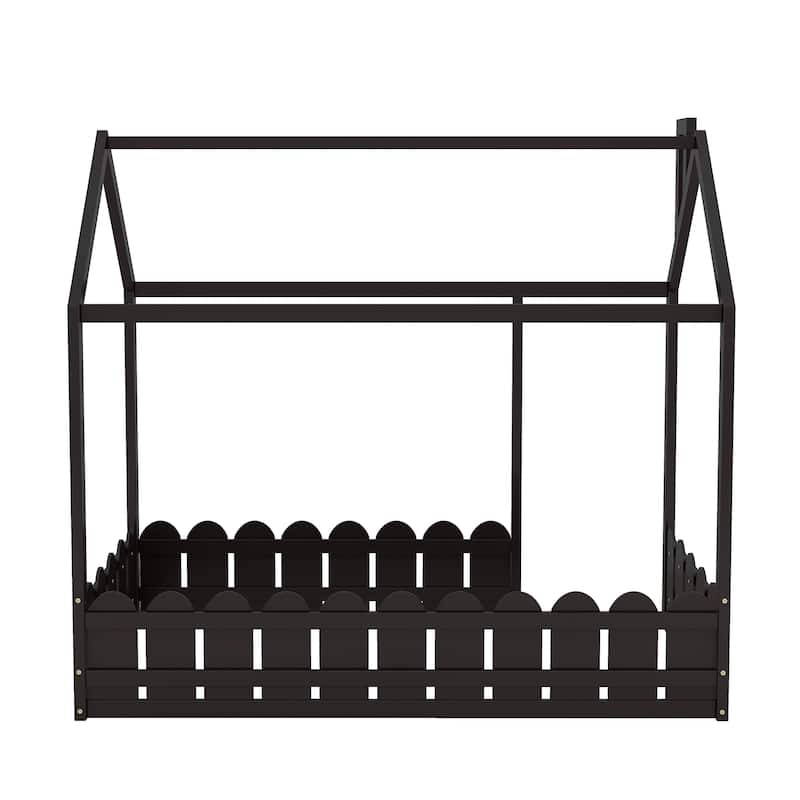 Playful Twin Wood Bed Frame with House Design, Fence, and Cozy Sleeping Space for Children