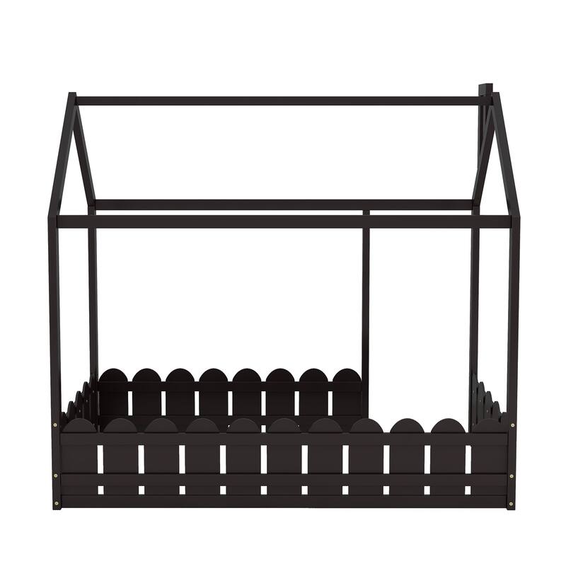 Wooden Twin House Bed with Pine Frame, Roof, and Fence, Perfect for Play and Sleep