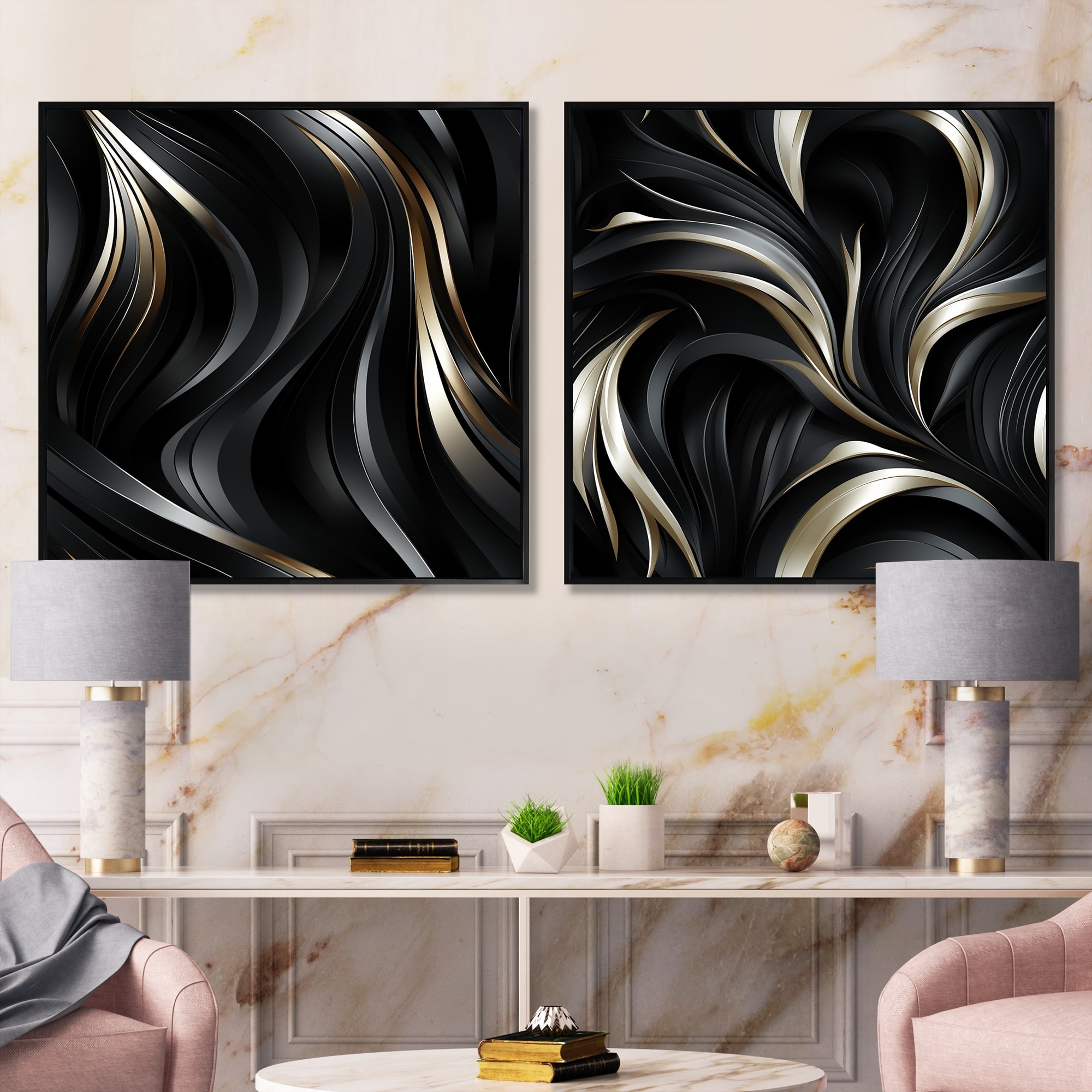 Designart "Deep Black Silver Elegance V" Abstract Framed Art Set Of 2 - Modern Wall Decor Set Black Wall Art 2 Pieces