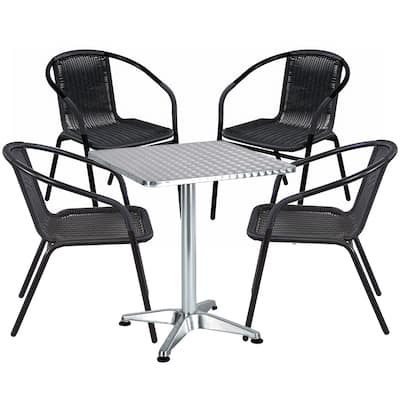 BTEXPERT Indoor Outdoor 23.75" Square Restaurant Table Steel Aluminum + 4 Black Restaurant Rattan Stack Chairs