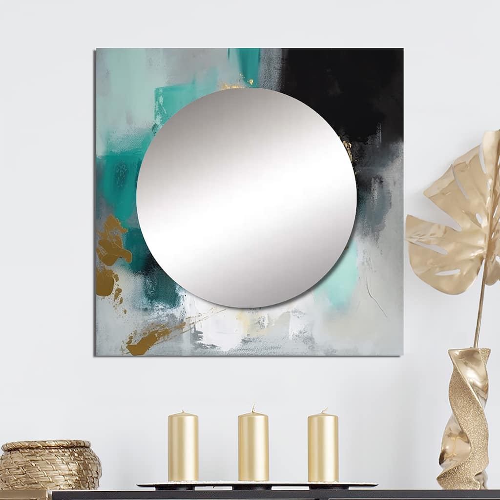 Designart "Full Moon Happiness Gold & Turquoise Abstract IV" Abstract Painting Wall Mirror Square Mirror For Living Room