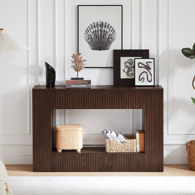 55" Modern Slatted Console Table, Narrow Entryway Table for Living Room or Hallway