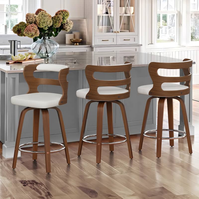 LUE BONA 26"H Modern Walnut Swivel Counter Height Stools, Bar Stools with Backs Set of 3 - 26" H - White/Walnut