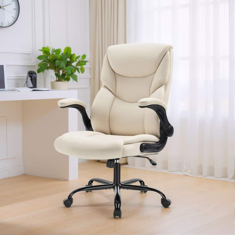 Home Computer Gaming Chair, Ergonomic High Back Heavy Duty Task Desk Office Chairs with Wheels, Flip-up Arms, Adjustable Height - White